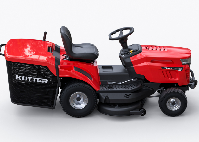 KUTTER LT-36R Riding Mower equipped with LED headlight, premium steering wheel, and safety seat, displayed on a white background.