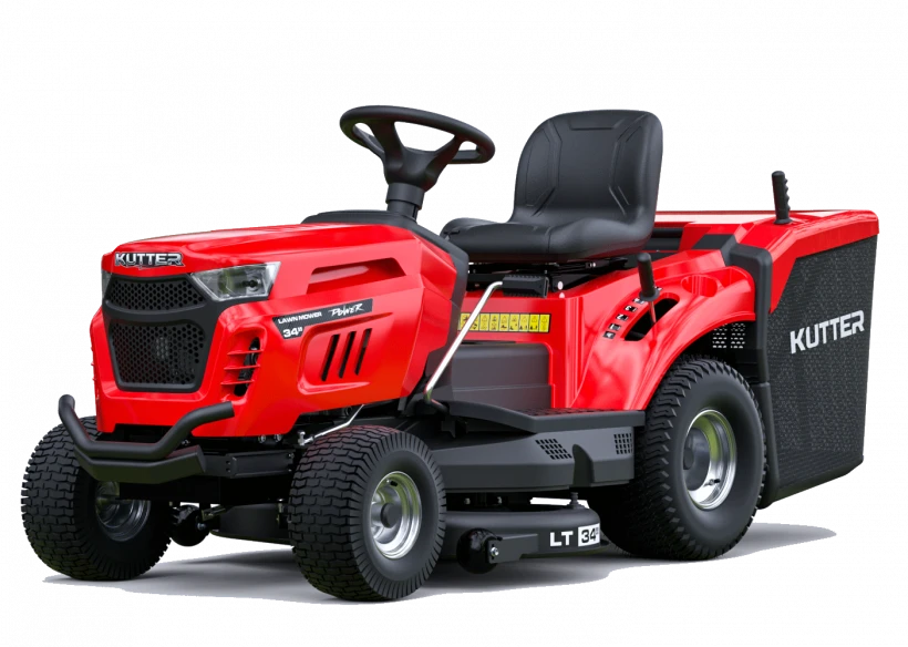 KUTTER LT-34R Promotion Riding Lawn Mower, 34-inch cutting width, 11.5HP engine, red, on a white background.