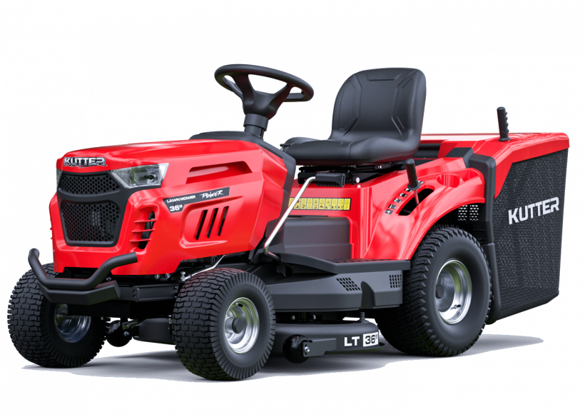 KUTTER LT-36R Riding Lawn Mower, 36-inch cutting width, 13HP engine, red, on a white background.