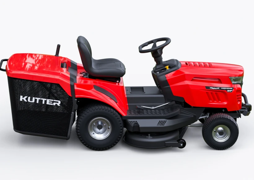 KUTTER LT-34R Riding Mower equipped with LED headlight, premium steering wheel, safety seat, and cup holder, displayed on a white background.