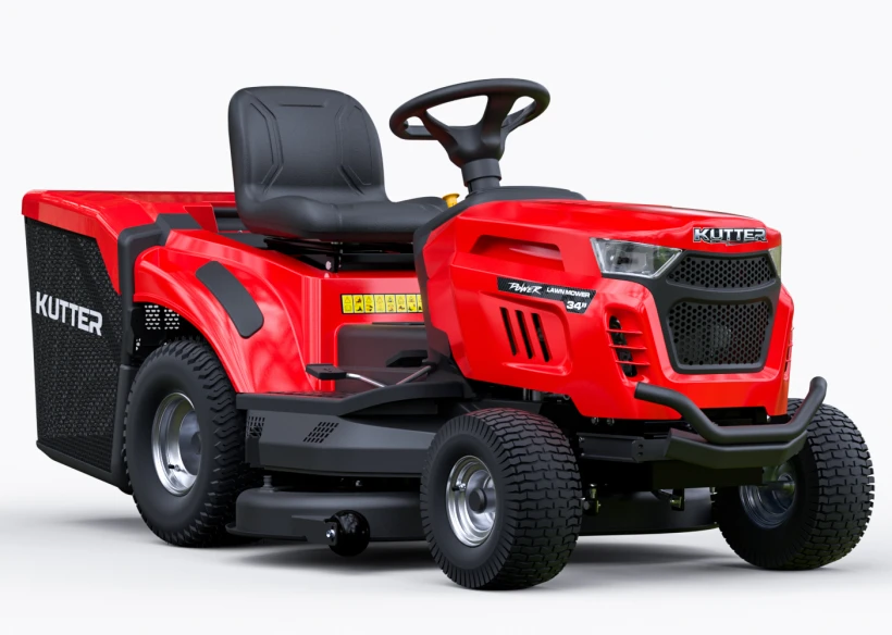 KUTTER LT-34R Hydraulic Riding Lawn Tractor, 34-inch cutting width, 11.5HP, with 320L textile collector, presented on a white background.