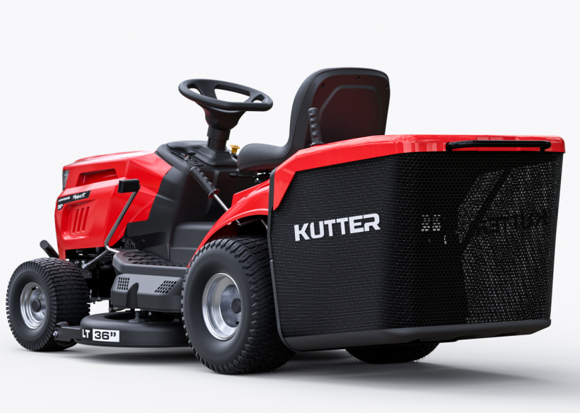 Red KUTTER LT-36R Zero-Turn Riding Lawn Mower, featuring a 36-inch cutting deck and adjustable height, on a clean white background.